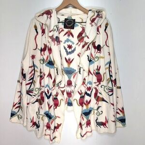 Johnny Was Embroidered Animal Cardigan Womens M Boho Hooded Statement Duster